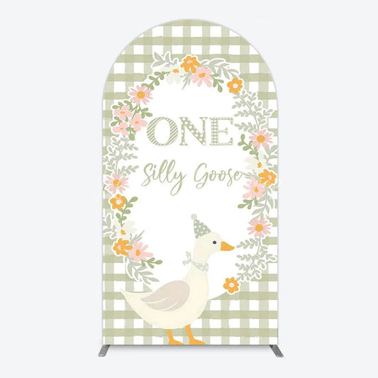 Lofaris One Silly Goose First Birthday Arch Backdrop Gingham with Floral Wreath Farmhouse Party Photo Booth Decor