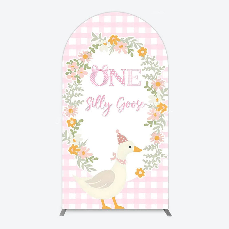 Lofaris One Silly Goose First Birthday Arch Backdrop Gingham with Floral Wreath Farmhouse Party Photo Booth Decor