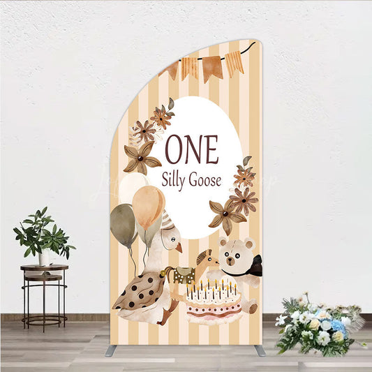 Lofaris One Silly Goose First Birthday Half Moon Arch Backdrop Farm Themed Party with and Bear Rustic Storybook Decor Prop