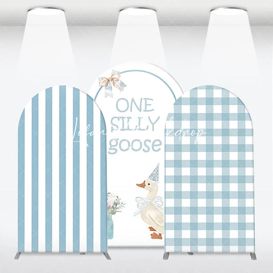Lofaris One Silly Goose Light Blue Arch Backdrop Kit Stripe and Gingham Patterns for Baby Shower First Birthday Party Decor
