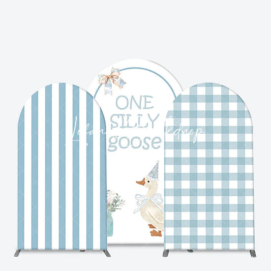 Lofaris One Silly Goose Light Blue Arch Backdrop Kit Stripe and Gingham Patterns for Baby Shower First Birthday Party Decor