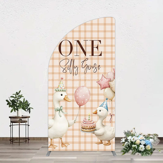 Lofaris One Silly Goose Plaid Birthday Half Moon Arch Backdrop