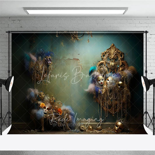 Lofaris Opulent Gold Masquerade Masks and Feathers Photography Backdrop Vintage Teal Wall Carnival Party Decor