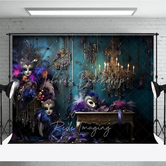 Lofaris Opulent Masquerade Photography Backdrop with Feathered Masks Vintage Chandelier and Teal Wall Decor