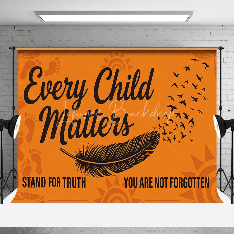 Lofaris Orange and Black Every Child Matters Holiday Backdrop featuring a feather flying birds footprints