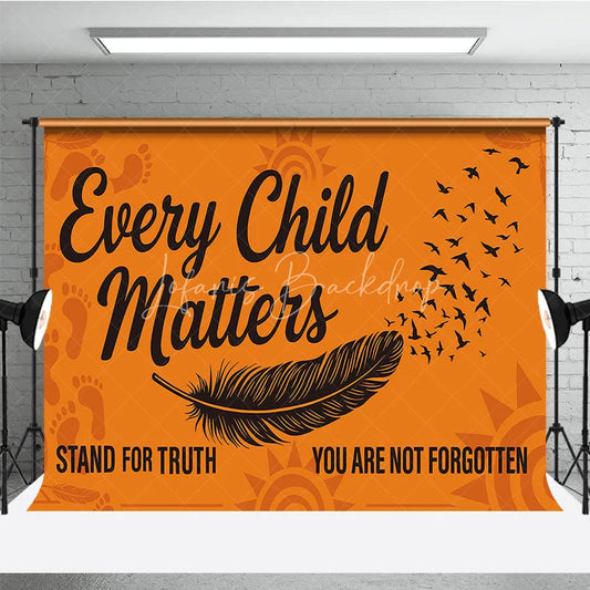 Lofaris Orange and Black Every Child Matters Holiday Backdrop featuring a feather flying birds footprints
