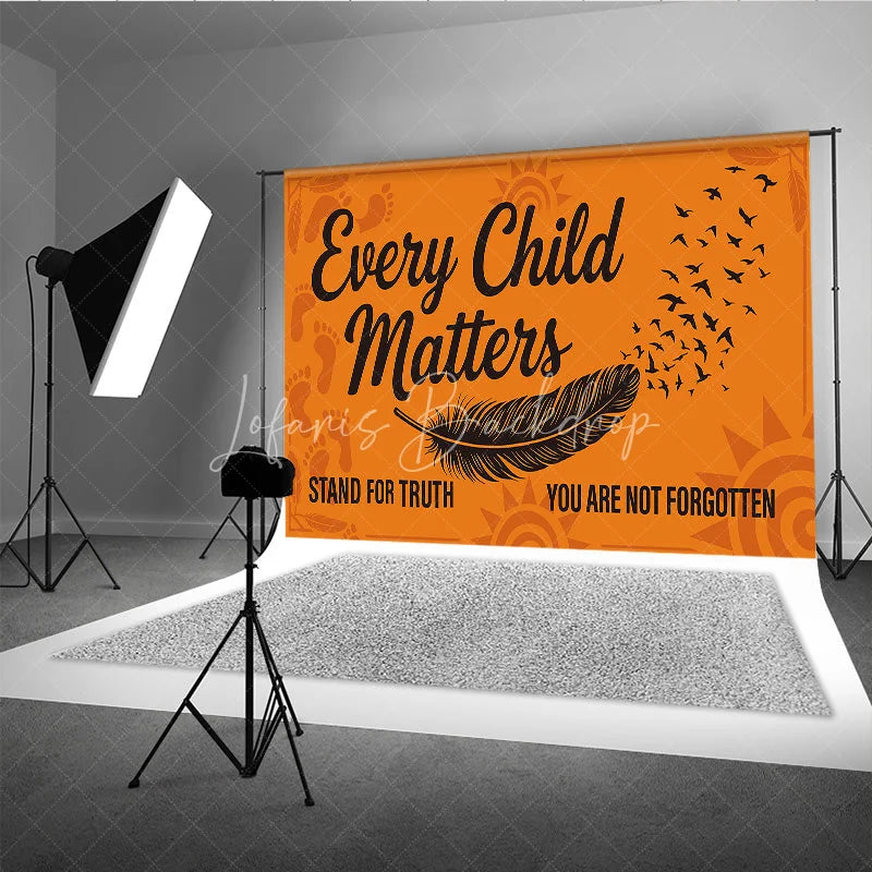 Lofaris Orange and Black Every Child Matters Holiday Backdrop featuring a feather flying birds footprints