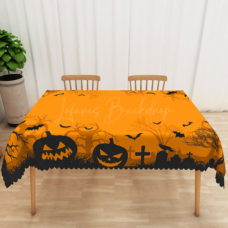 Lofaris Orange and Black Halloween Rectangle Tablecloth with Bats Withered Trees for Spooky Forest Decor