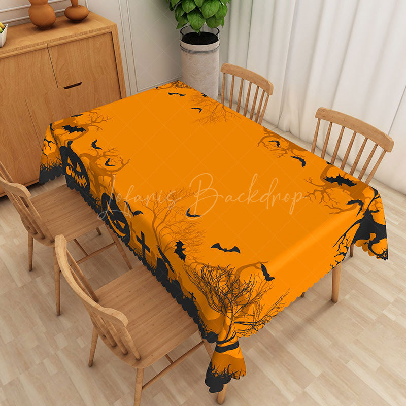 Lofaris Orange and Black Halloween Rectangle Tablecloth with Bats Withered Trees for Spooky Forest Decor