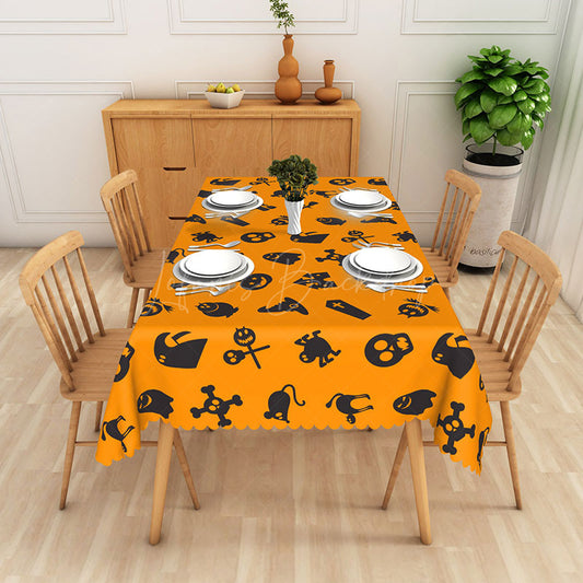 Lofaris Orange and Black Halloween Rectangle Tablecloth with Ghosts Skulls for Spooky Party Decor