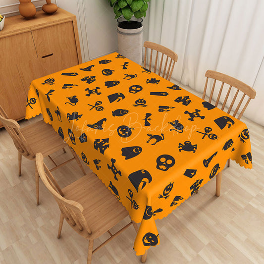 Lofaris Orange and Black Halloween Rectangle Tablecloth with Ghosts Skulls for Spooky Party Decor