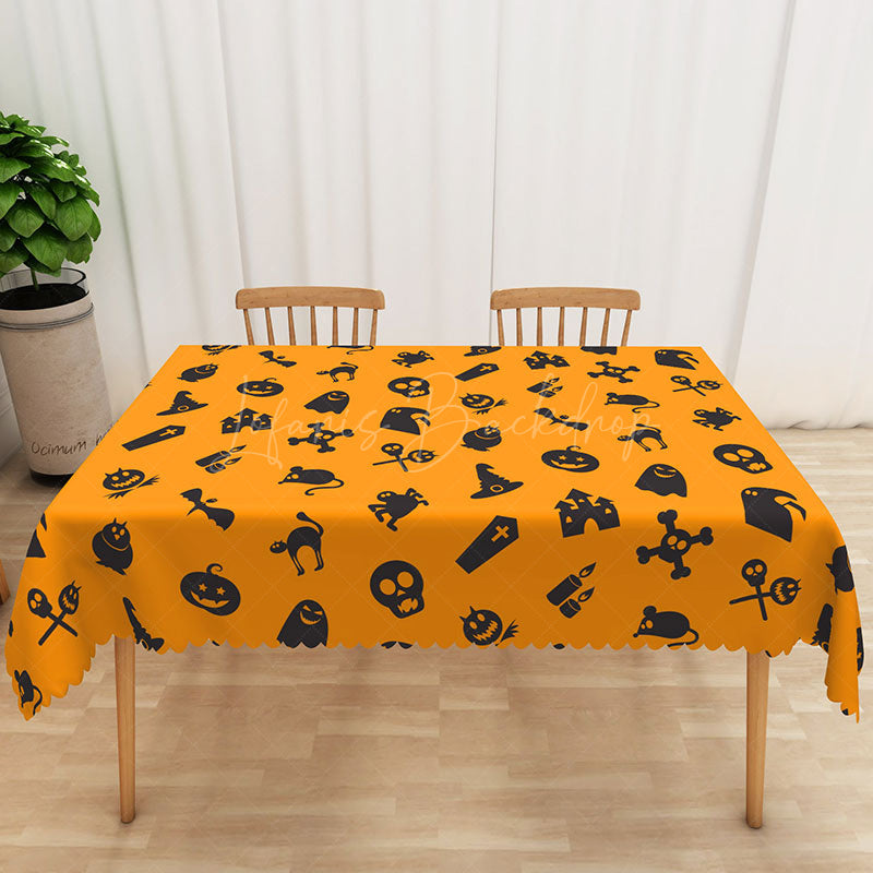 Lofaris Orange and Black Halloween Rectangle Tablecloth with Ghosts Skulls for Spooky Party Decor