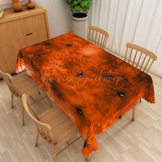 Lofaris Orange and Black Halloween Rectangle Tablecloth with Spiders Webs for Spooky Party Decorations