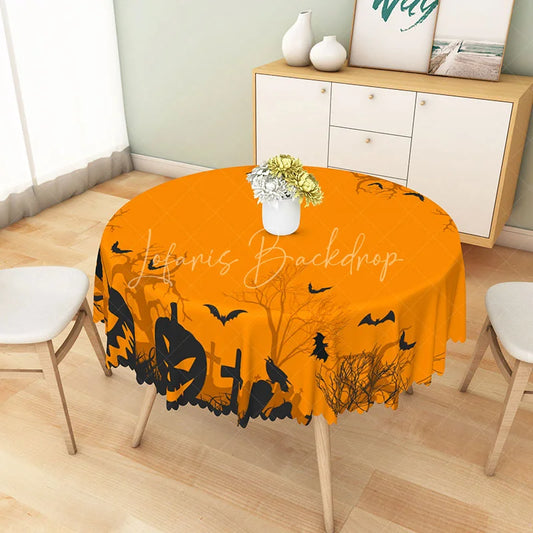 Lofaris Orange and Black Halloween Round Tablecloth with Jack-o’-Lanterns Bats for Spooky Party Decor