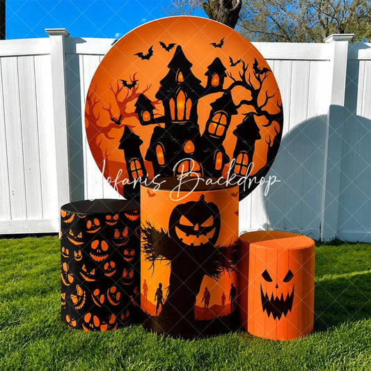 Lofaris Orange and Black Haunted House Halloween Round Backdrop Kit Spooky Jack-O-Lantern Pedestal Covers Party Decor