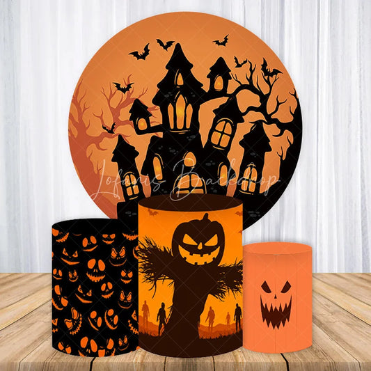 Lofaris Orange and Black Haunted House Halloween Round Backdrop Kit Spooky Jack-O-Lantern Pedestal Covers Party Decor