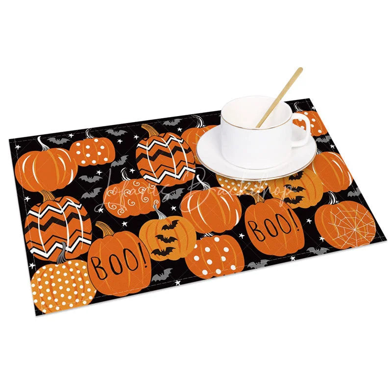 Lofaris Orange and Black Pumpkin Bat Halloween Set of 4 Placemats for Spooky Holiday Dining Party Decor