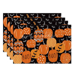 Lofaris Orange and Black Pumpkin Bat Halloween Set of 4 Placemats for Spooky Holiday Dining Party Decor