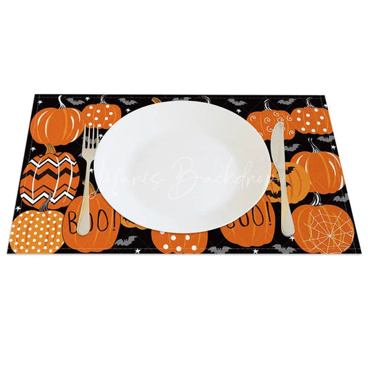 Lofaris Orange and Black Pumpkin Bat Halloween Set of 4 Placemats for Spooky Holiday Dining Party Decor