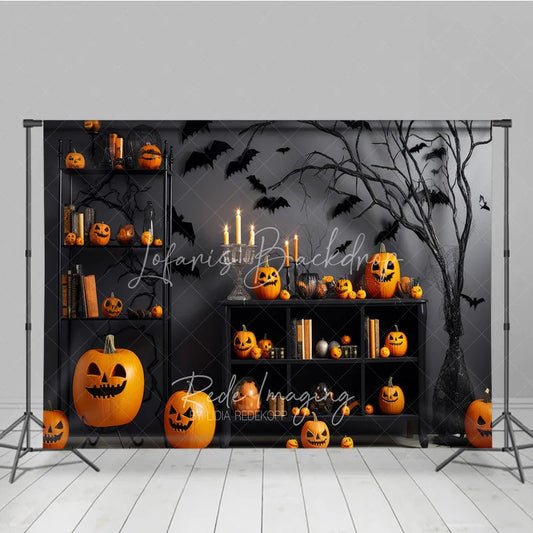 Lofaris Orange and Black Spooky Halloween Holiday Backdrop with Carved Pumpkins Flying Bats Eerie Tree Decor