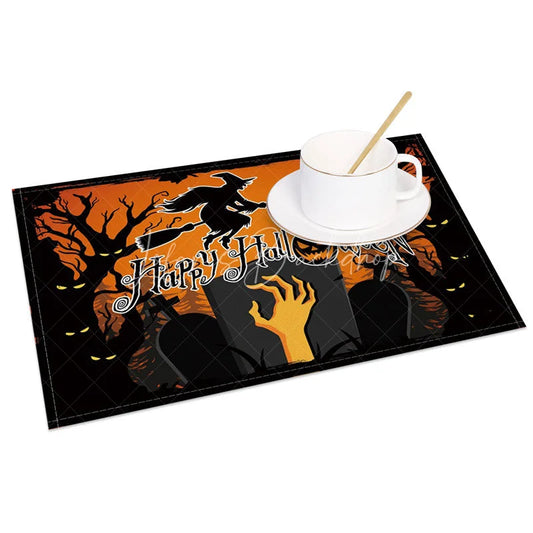 Lofaris Orange and Black Witch Bats Halloween Set of 4 Placemats for Spooky Holiday Party Decorations