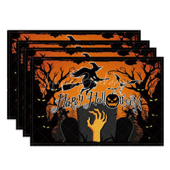 Lofaris Orange and Black Witch Bats Halloween Set of 4 Placemats for Spooky Holiday Party Decorations