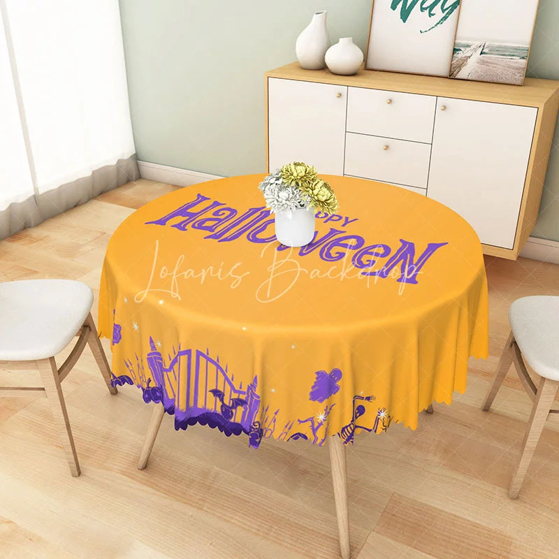 Lofaris Orange and Purple Halloween Round Tablecloth with Dancing Skeletons Ghosts for Fun Spooky Decor