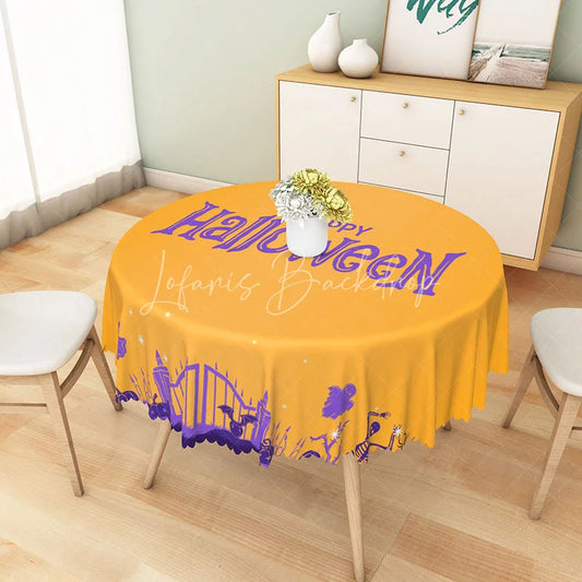 Lofaris Orange and Purple Halloween Round Tablecloth with Dancing Skeletons Ghosts for Fun Spooky Decor