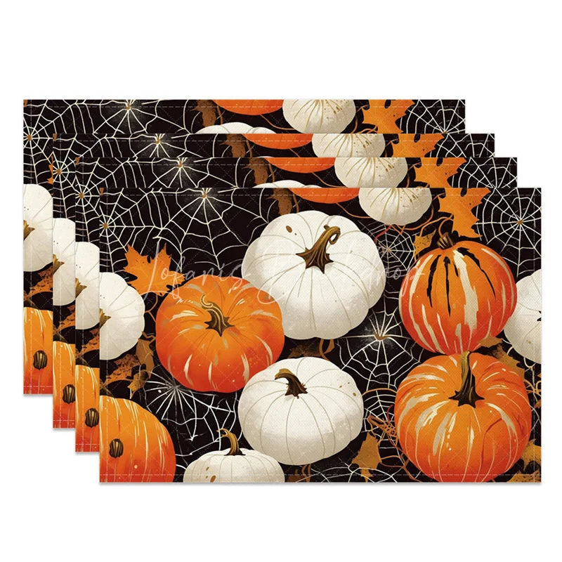 Lofaris Orange and White Pumpkin Spiderweb Set of 4 Placemats for Halloween Fall Themed Decor