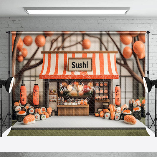 Lofaris Orange Balloons Trunk Sushi Store Cake Smash Backdrop