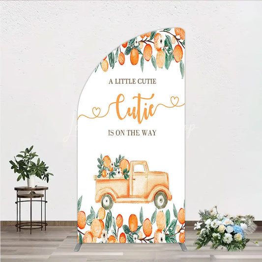 Lofaris Orange Citrus Greenery Half Moon Arch Backdrop with Rustic Truck A Little Cutie Is On The Way Baby Shower Decor