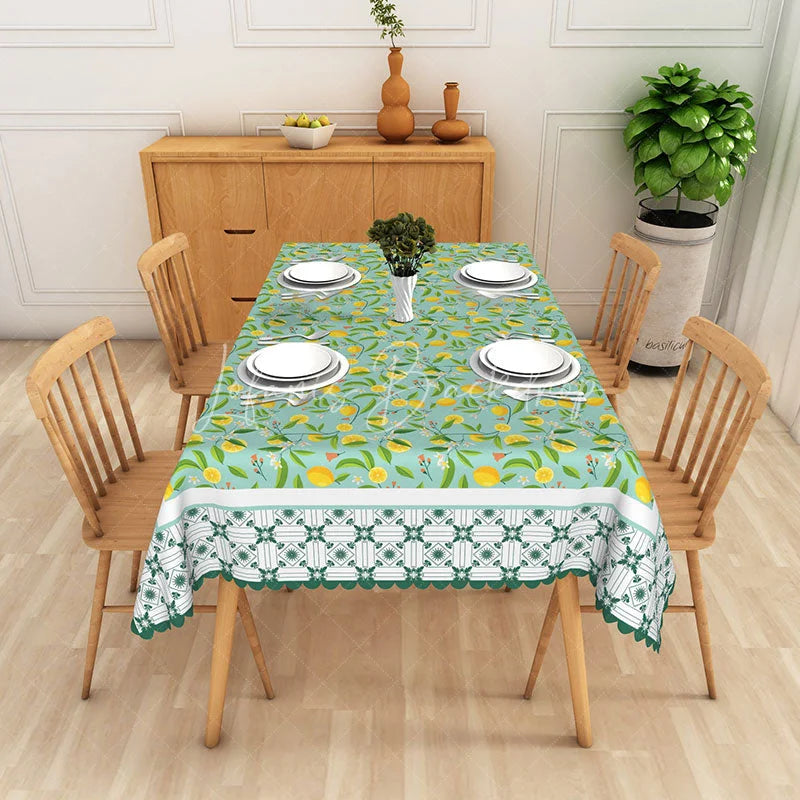 Lofaris Orange Citrus Rectangle Tablecloth Teal Botanical Leaf Dining Table Cloth Decor