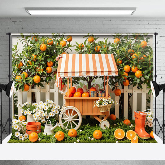 Lofaris Orange Fruit Cart White Fence Photography Backdrop