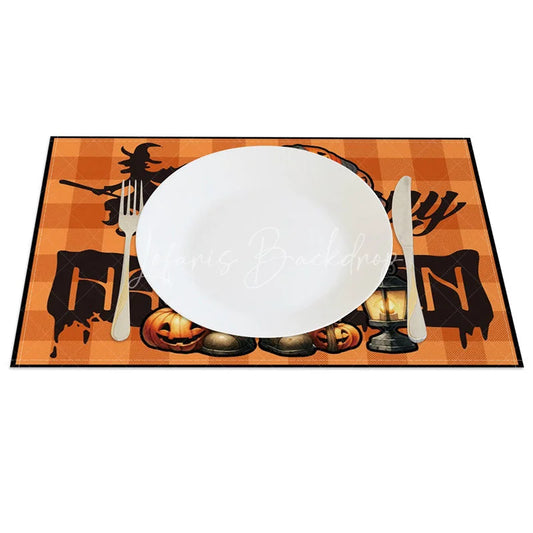 Lofaris Orange Halloween Gnome Set of 4 Placemats with Witch Silhouette for Fun and Spooky Holiday Decor