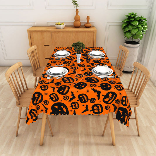 Lofaris Orange Halloween Rectangle Tablecloth with Jack O’ Lantern Print for Fall Harvest and Spooky Party Decor