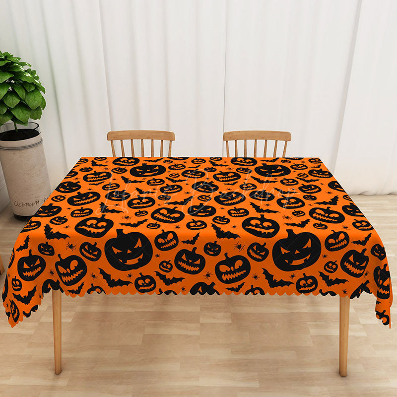 Lofaris Orange Halloween Rectangle Tablecloth with Jack O’ Lantern Print for Fall Harvest and Spooky Party Decor