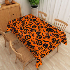 Lofaris Orange Halloween Rectangle Tablecloth with Jack O’ Lantern Print for Fall Harvest and Spooky Party Decor
