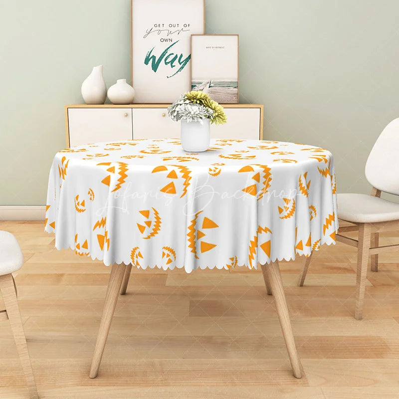 Lofaris Orange Halloween Round Tablecloth with Jack-o’-Lantern Print for Spooky Pumpkin Themed Party Decor