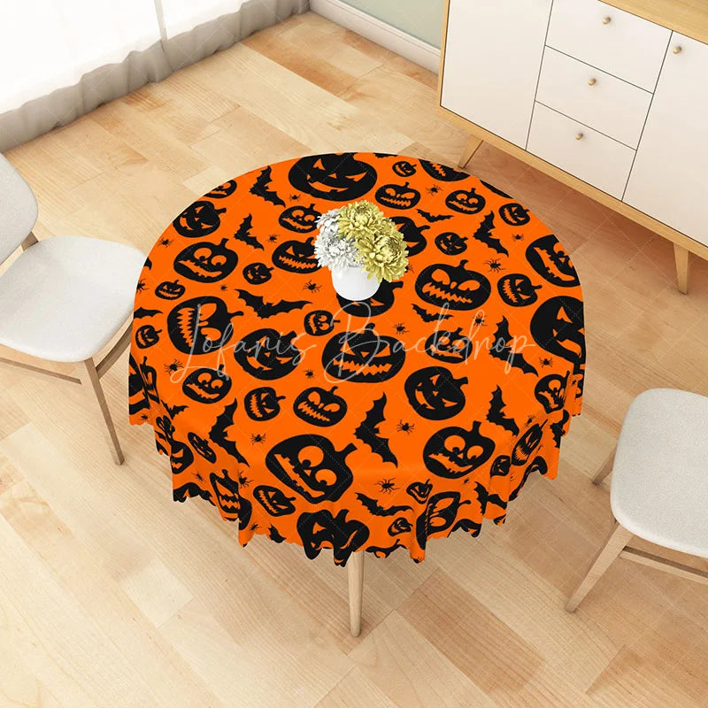 Lofaris Orange Halloween Round Tablecloth with Jack-o’-Lanterns Bats and Spiders for Spooky Party Decor