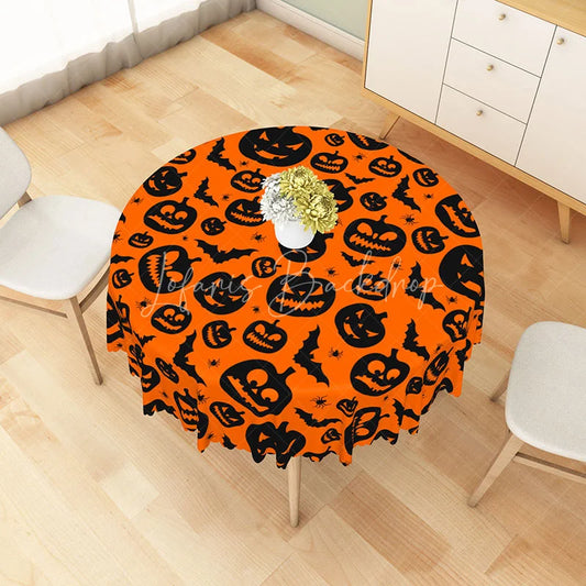 Lofaris Orange Halloween Round Tablecloth with Jack-o’-Lanterns Bats and Spiders for Spooky Party Decor