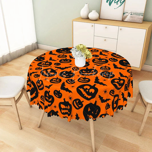 Lofaris Orange Halloween Round Tablecloth with Jack-o’-Lanterns Bats and Spiders for Spooky Party Decor