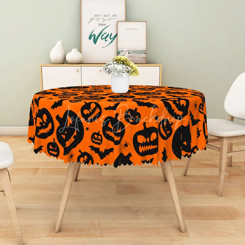 Lofaris Orange Halloween Round Tablecloth with Jack-o’-Lanterns Bats and Spiders for Spooky Party Decor