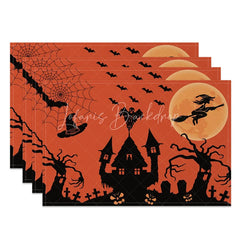 Lofaris Orange Halloween Set of 4 Placemats with Spiderweb Witch and Graveyard for Spooky Party Decor