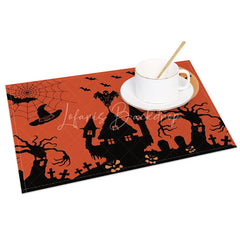 Lofaris Orange Halloween Set of 4 Placemats with Spiderweb Witch and Graveyard for Spooky Party Decor