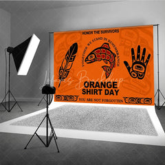 Lofaris Orange Indigenous Art Salmon Feather Hand Shirt Day Holiday Backdrop Honoring Survivors and Remembrance Theme