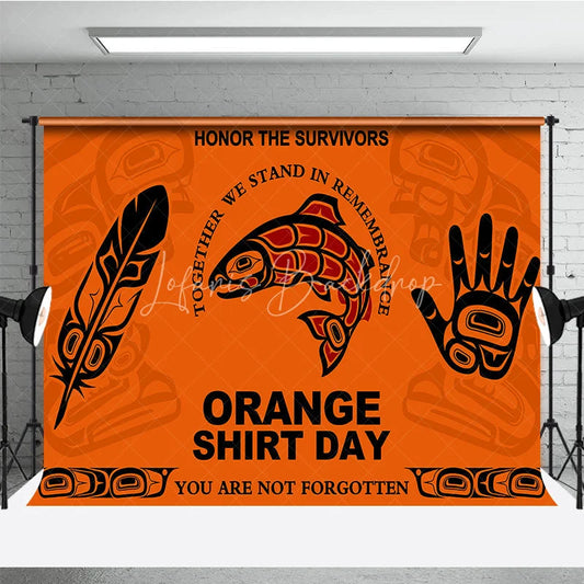 Lofaris Orange Indigenous Art Salmon Feather Hand Shirt Day Holiday Backdrop Honoring Survivors and Remembrance Theme