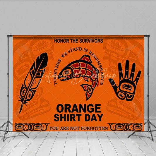Lofaris Orange Indigenous Art Salmon Feather Hand Shirt Day Holiday Backdrop Honoring Survivors and Remembrance Theme