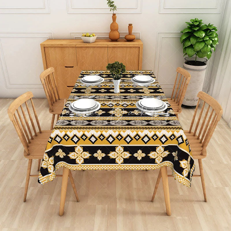 Lofaris Ornate Damask Rectangle Tablecloth Black and Gold Style Pattern Dining Table Decor