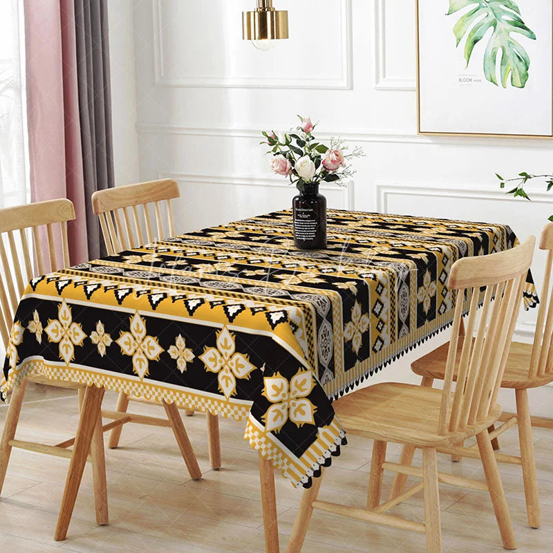 Lofaris Ornate Damask Rectangle Tablecloth Black and Gold Style Pattern Dining Table Decor