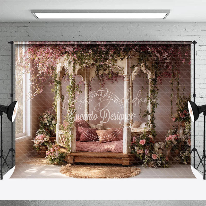 Lofaris Ornate Gazebo Photography Backdrop with Pink Cherry Blossoms and Lush Green Vines Romantic Spring Garden Floral Decor